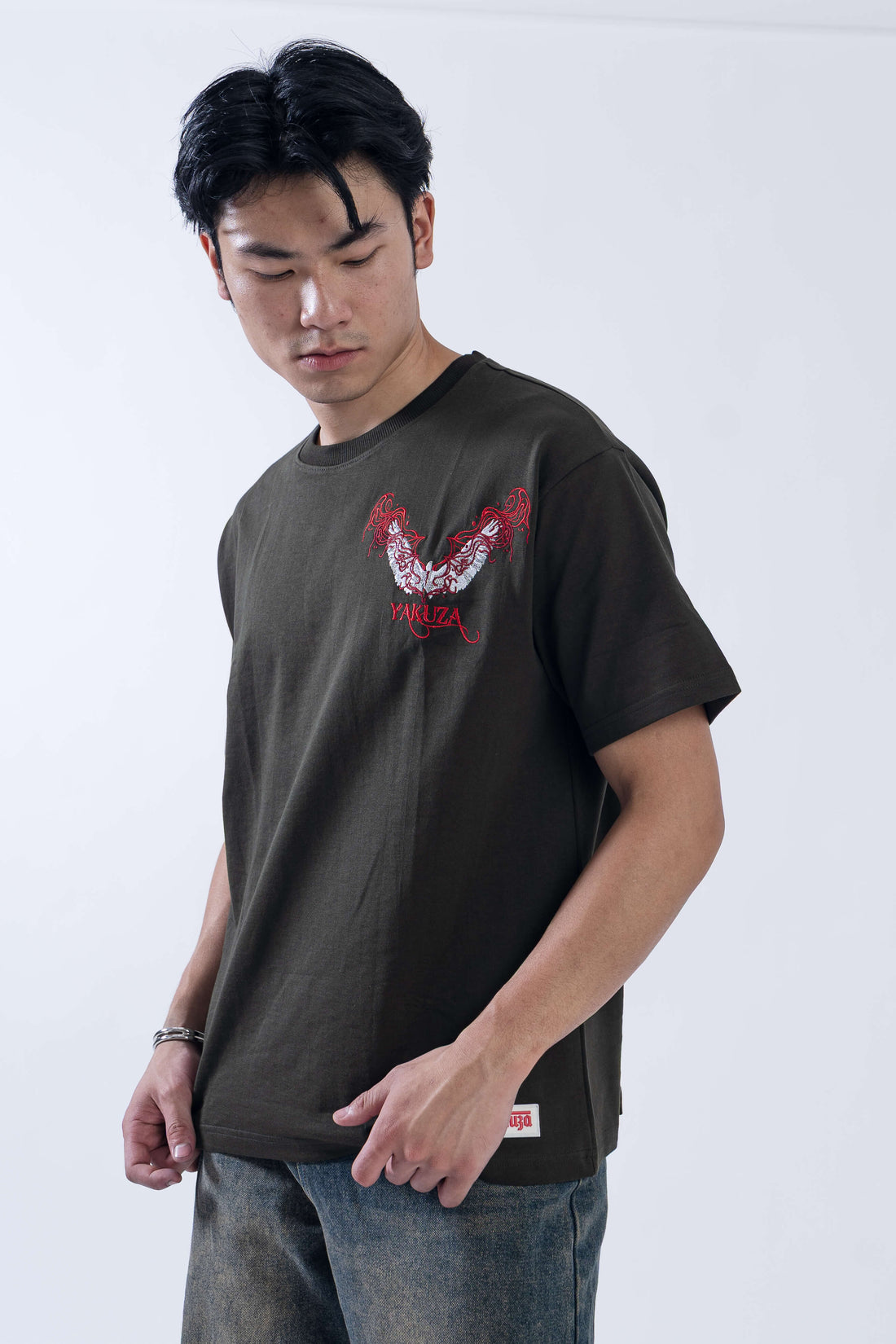Olive Green Crimson Dragon Crest Embroidered T-Shirt – Japanese Streetwear by Yakuza India