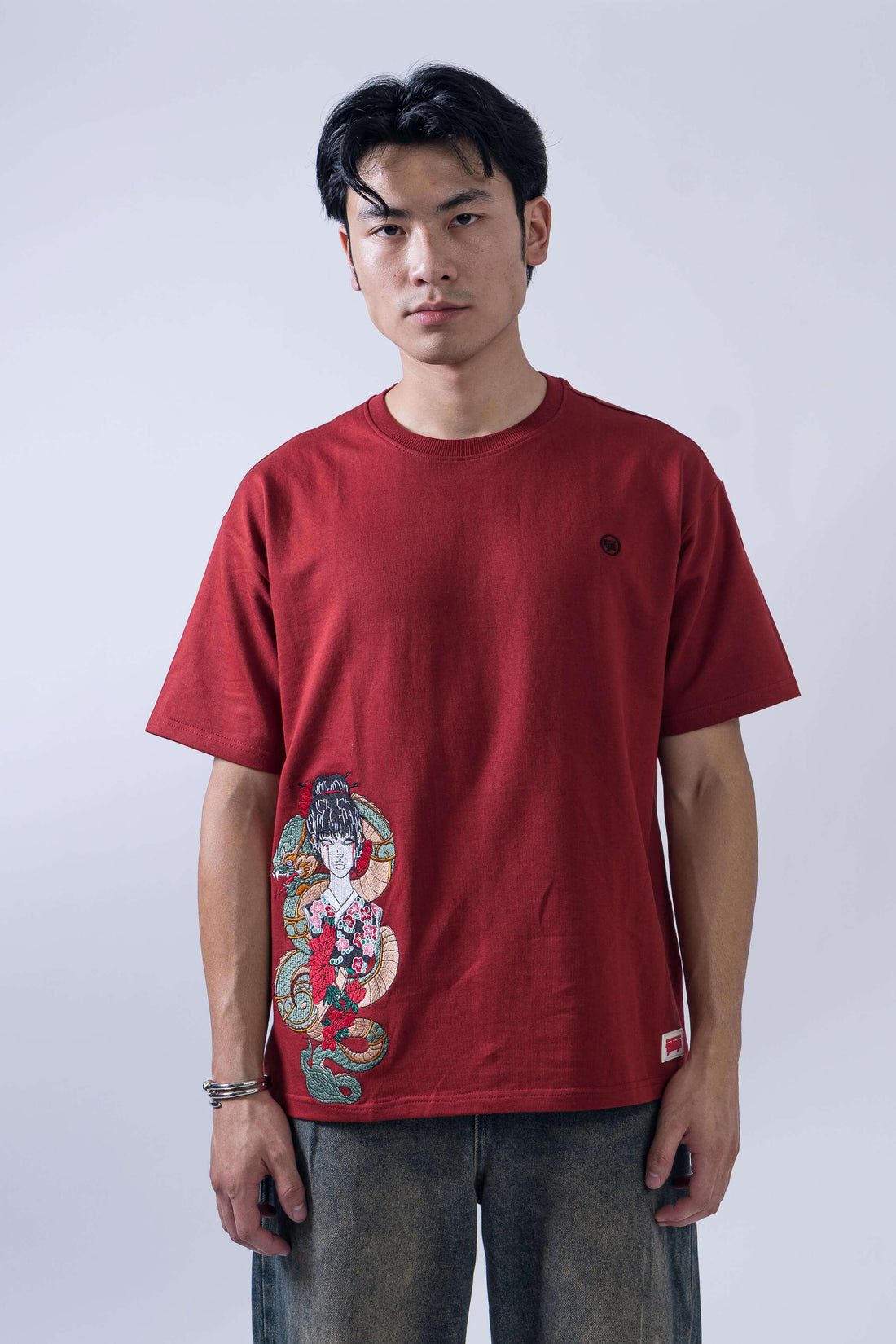 Maroon Geisha Dragon Embroidered T-Shirt – Japanese Mythology Streetwear by Yakuza India