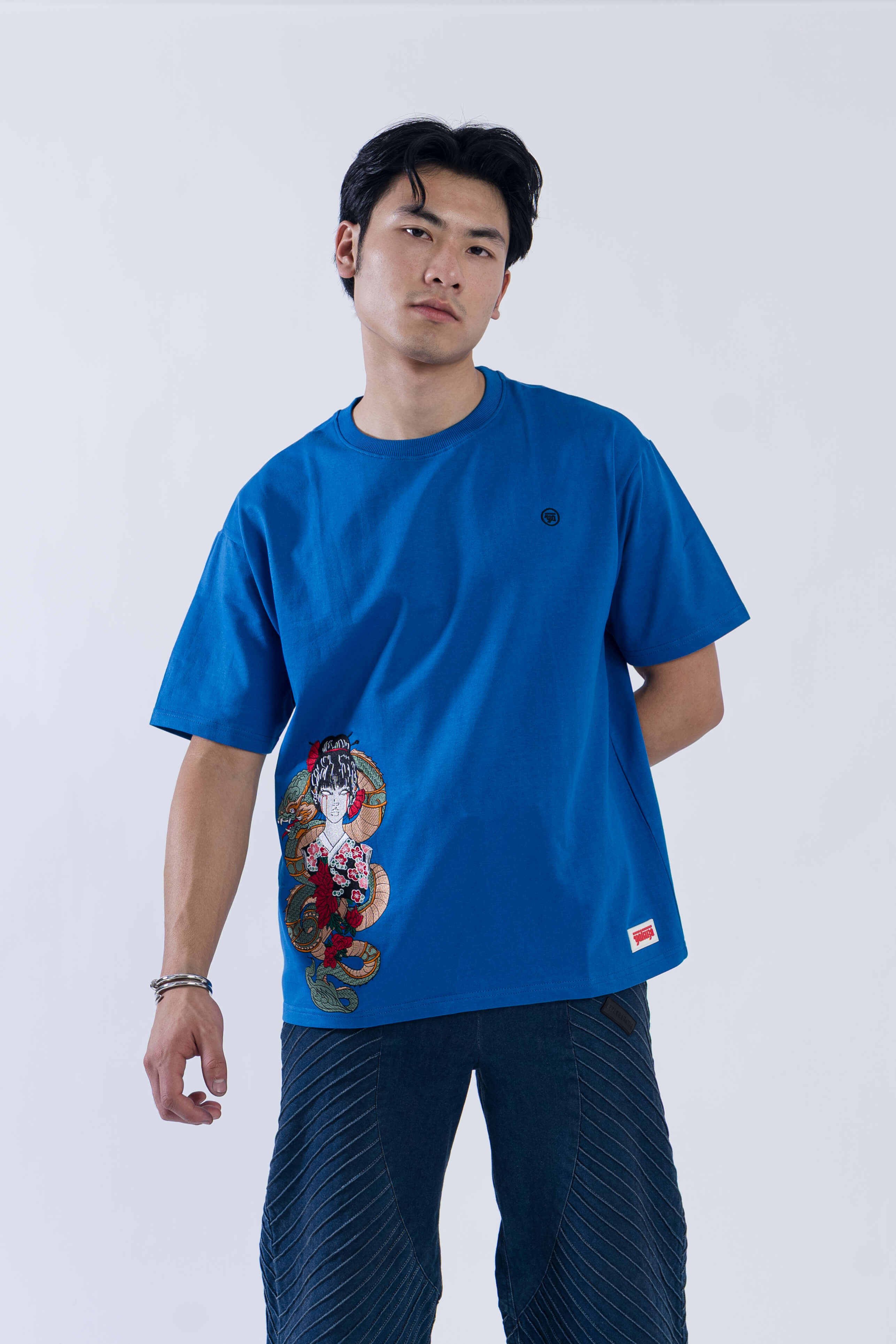 Blue Geisha Dragon Embroidered T-Shirt – Japanese Streetwear Fusion by Yakuza India