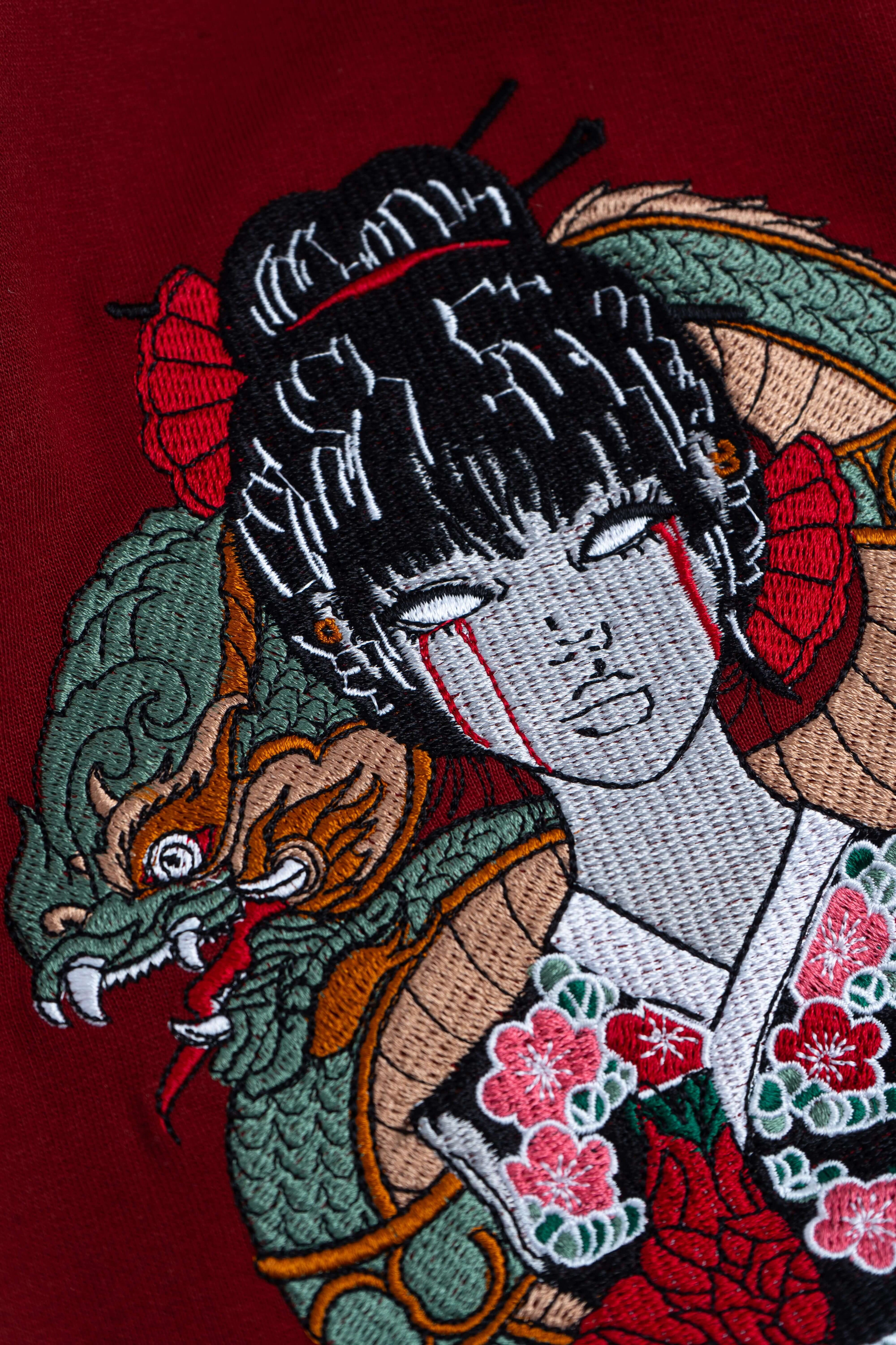 Men’s Streetwear Graphic Tee – Geisha with Red Dragon Artwork
